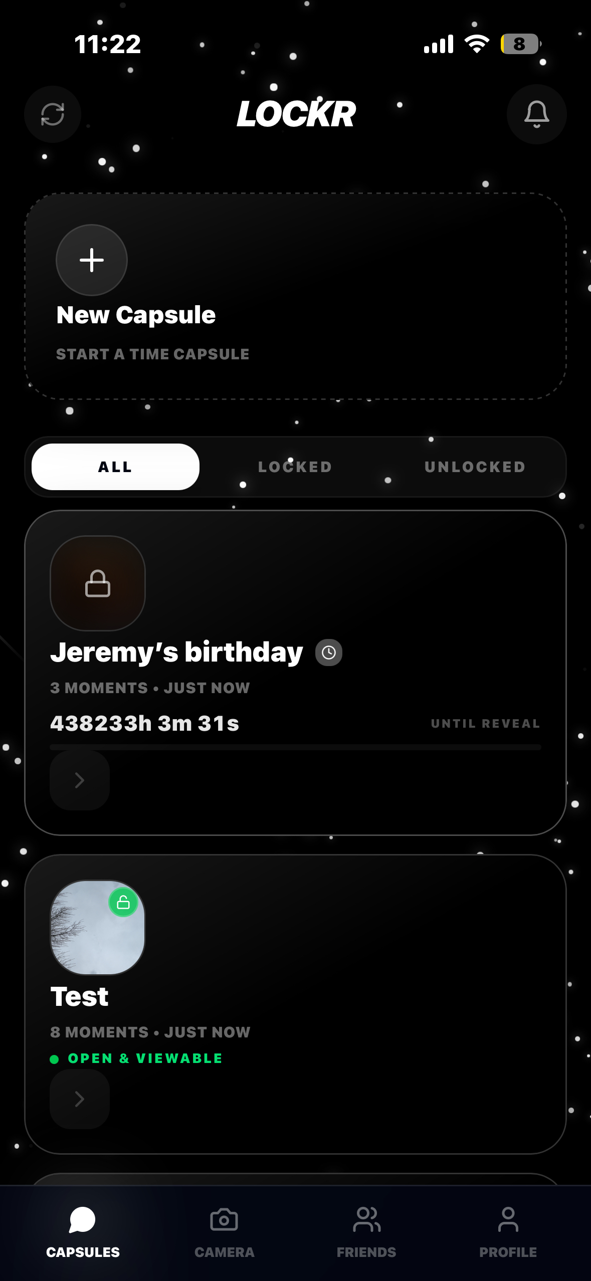 Lockr app interface showing time capsules with countdown timers